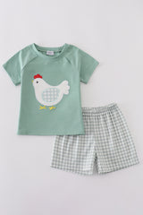 Green chicken applique boy set