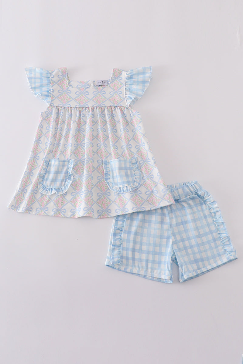 Plaid floral bow print girl set