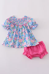 Blue blossom charm smocked girl bloomer set