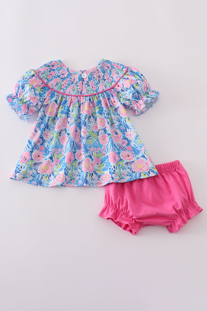 Blue blossom charm smocked girl bloomer set