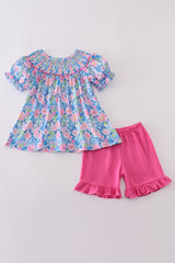 Blue blossom charm smocked girl set