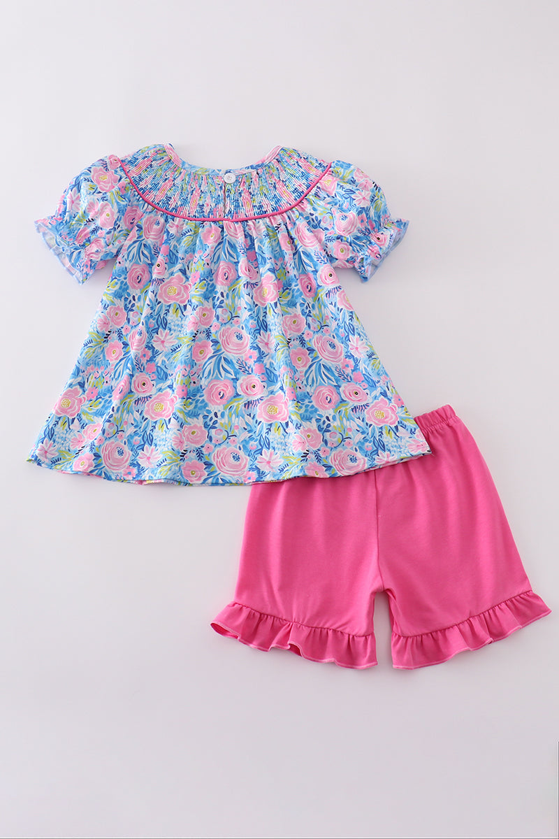 Blue blossom charm smocked girl set