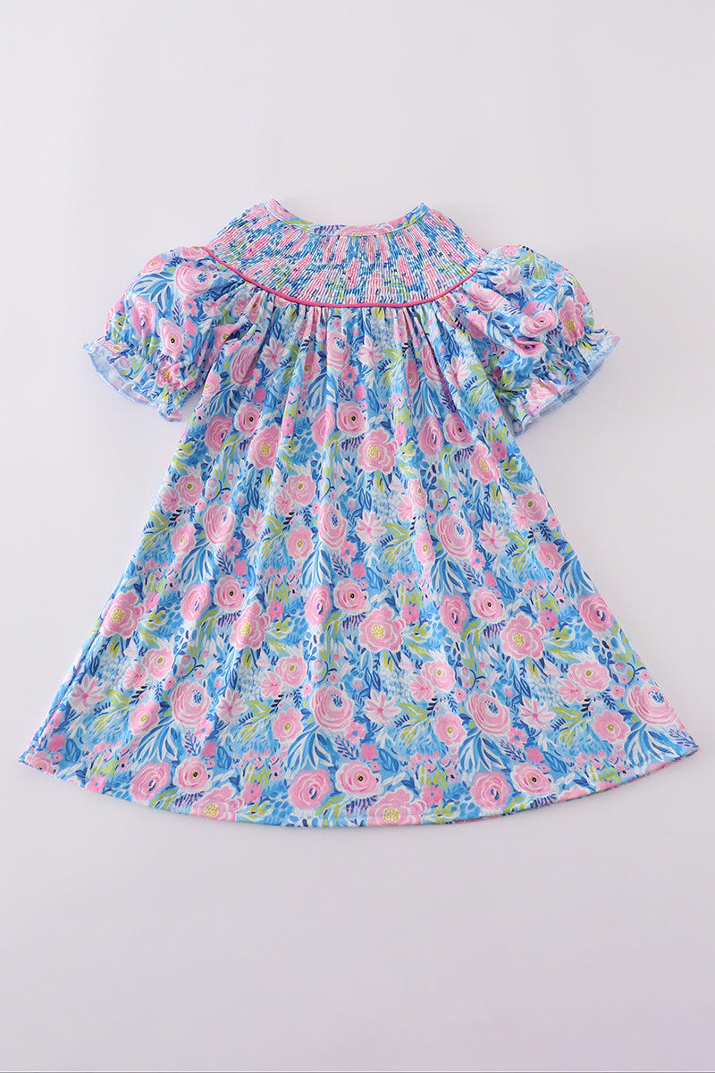 Blue blossom charm smocked girl dress