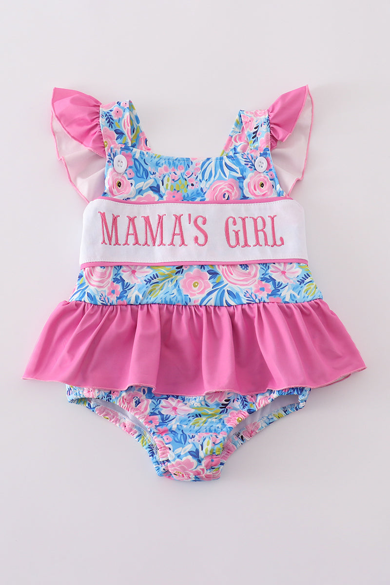 Blue blossom charm MAMA'S GIRL embroidery one-piece swimsuit