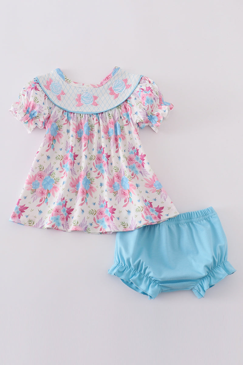 Blue petal meadow embroidery girl bloomer set