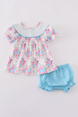 Blue petal meadow embroidery girl bloomer set