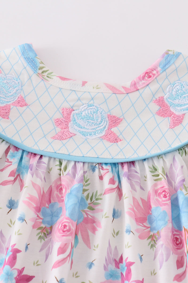 Blue petal meadow embroidery girl bloomer set