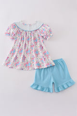 Blue petal meadow embroidery girl set