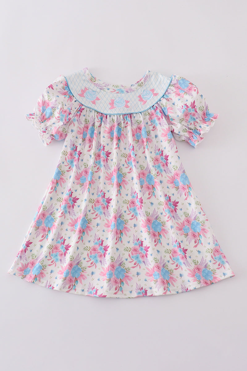 Blue petal meadow embroidery girl dress