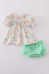 Green springtime bloom smocked girl bloomer set