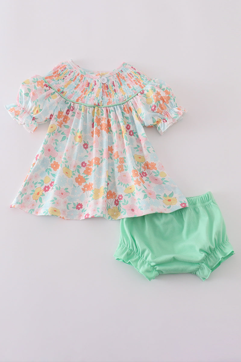 Green springtime bloom smocked girl bloomer set