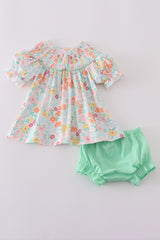 Green springtime bloom smocked girl bloomer set