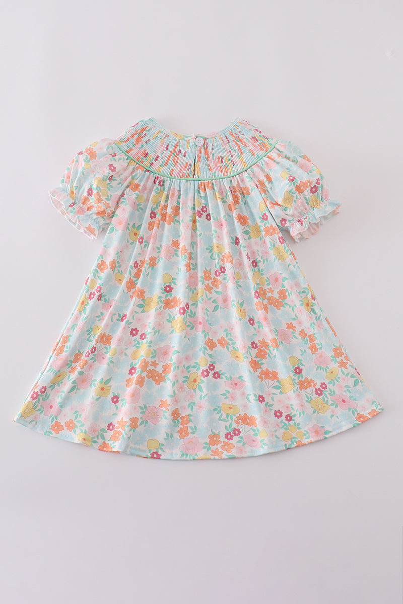 Green springtime bloom smocked girl dress