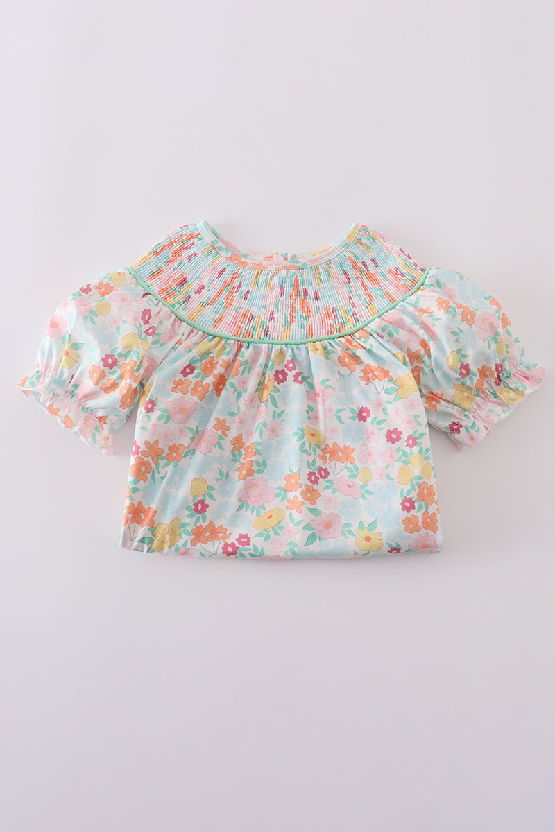 Green springtime bloom smocked girl dress