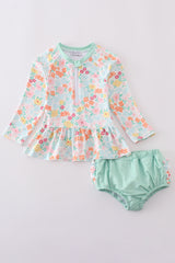 Green springtime bloom girl long sleeve swimsuit