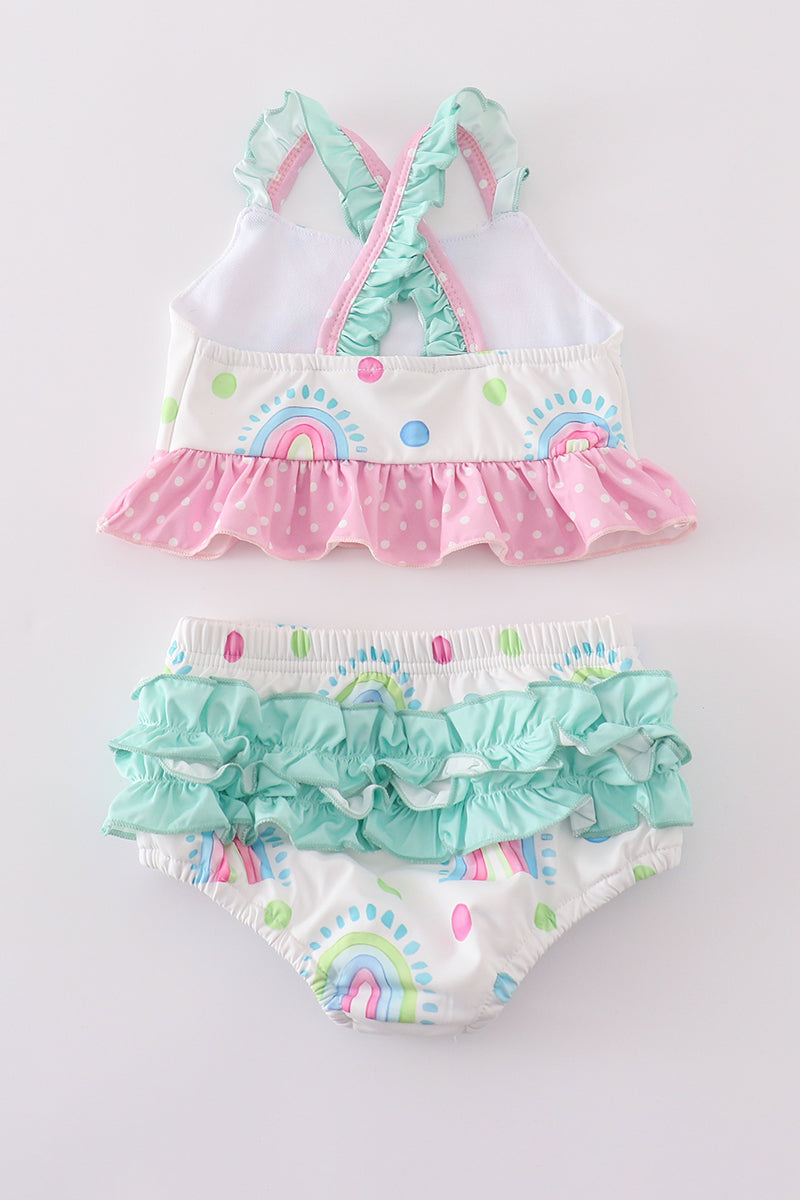 Rainbow print girl 2pc ruffle swimsuit