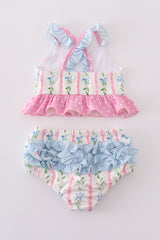 Pink floral print girl 2pc ruffle swimsuit