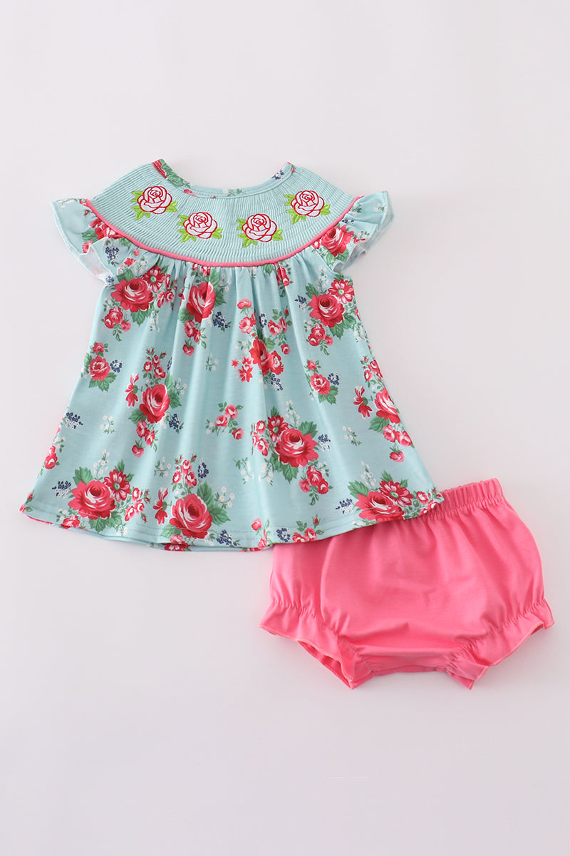 Rosebud bliss print smocked girl bloomer set