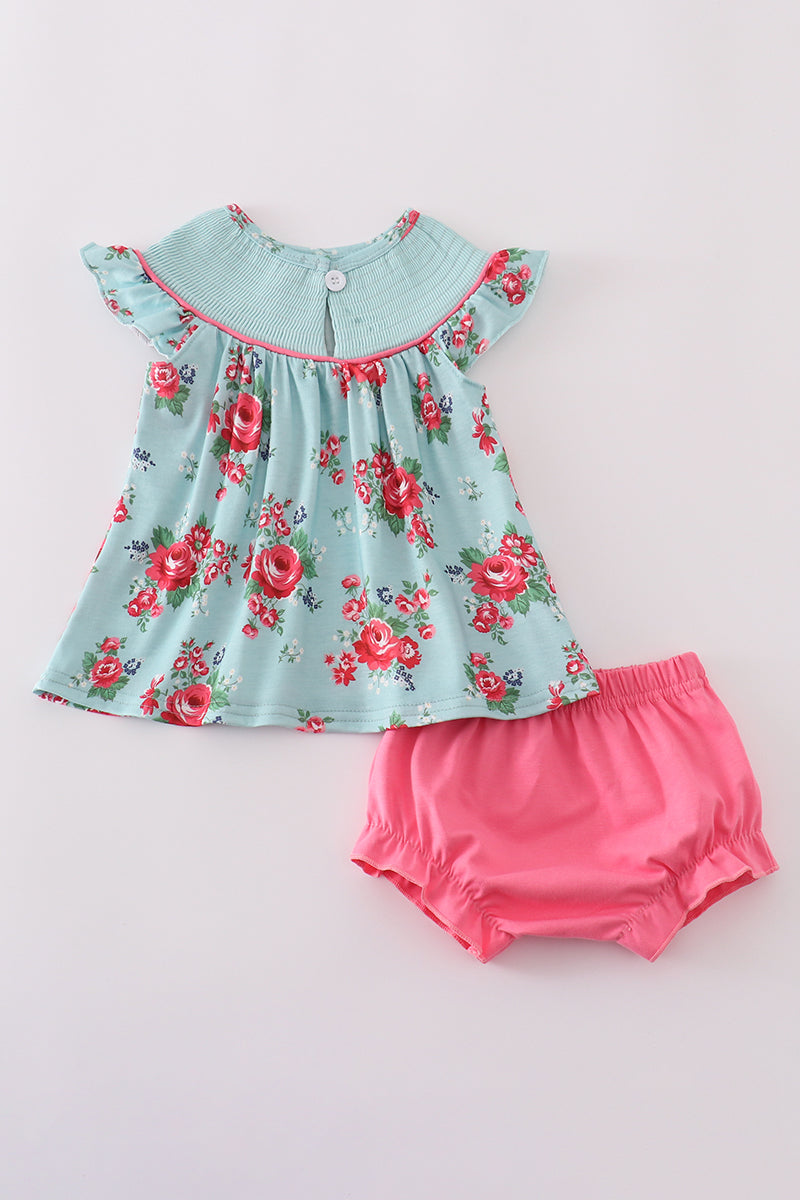 Rosebud bliss print smocked girl bloomer set