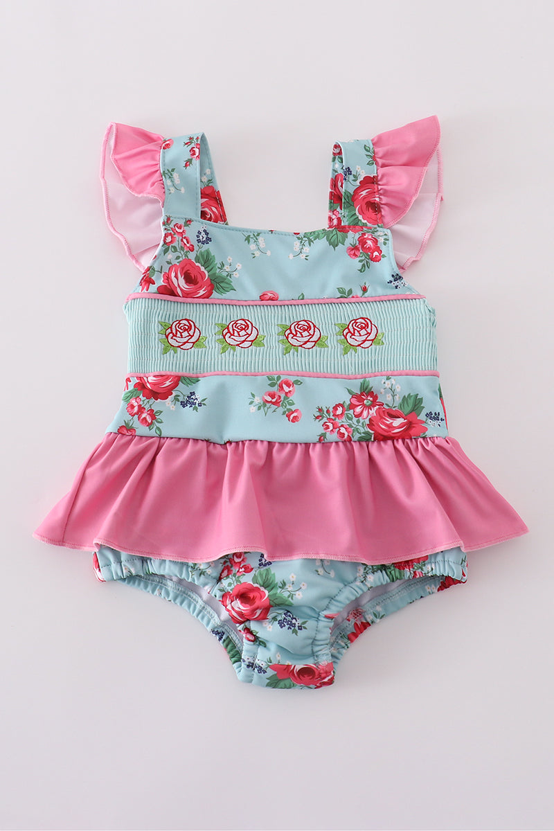 Rosebud bliss print smocked girl one-piece swimsuit