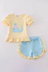 Yellow whale applique girl set