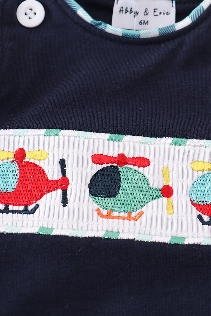 Navy helicopter embroidery smocked boy bubble