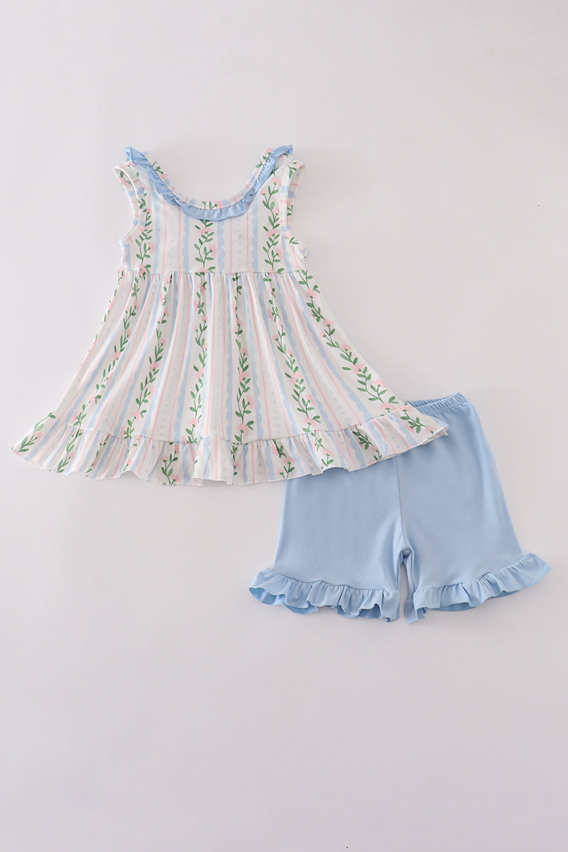 Blue floral print ruffle shorts set