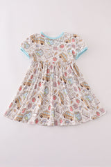 Blue bus apple print dress
