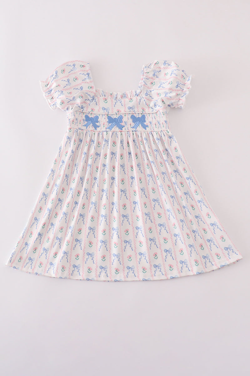 Blue bow embroidery smocked dress
