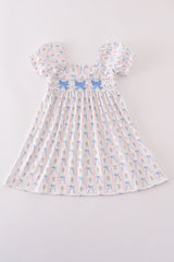 Blue bow embroidery smocked dress
