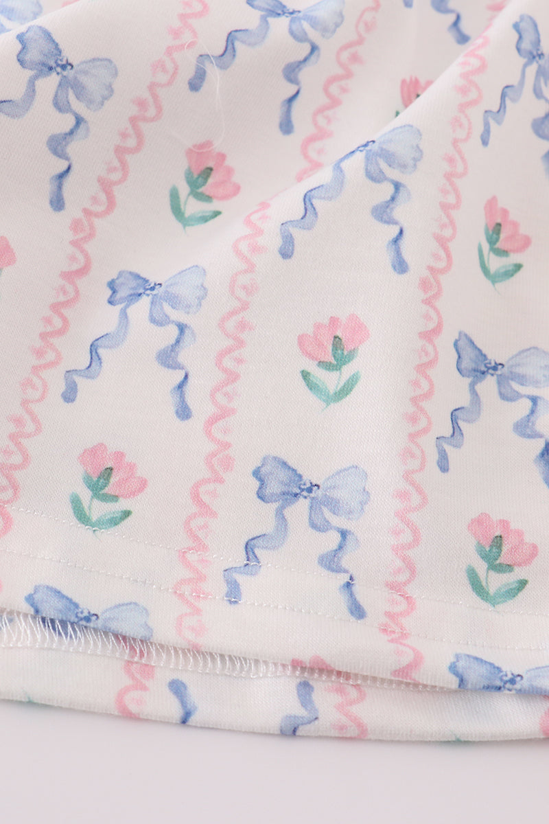 Blue bow embroidery smocked dress