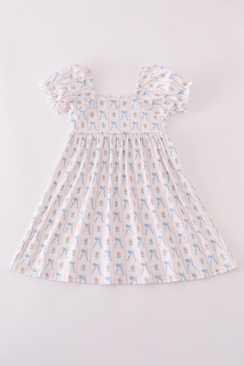 Blue bow embroidery smocked dress