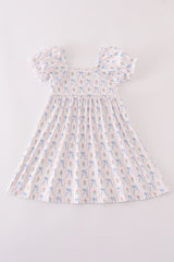 Blue bow embroidery smocked dress