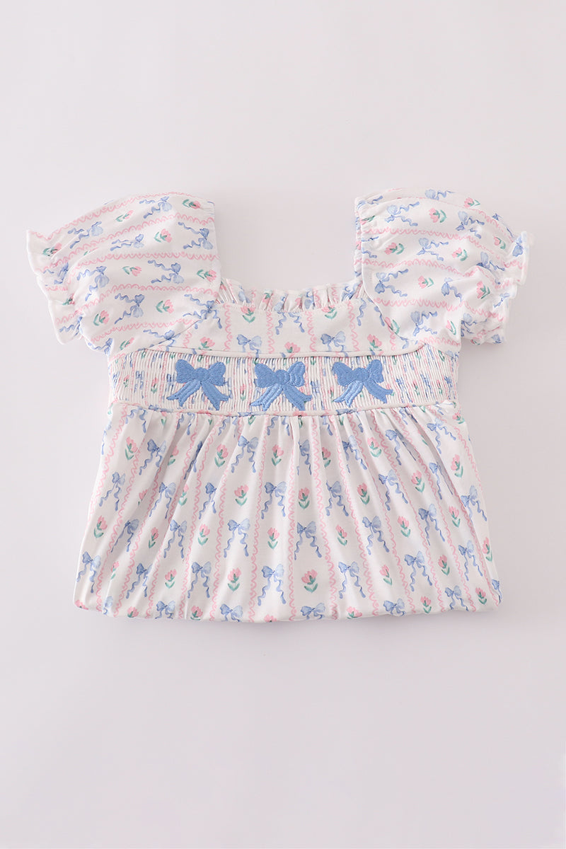 Blue bow embroidery smocked dress