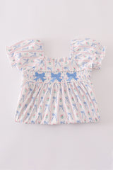 Blue bow embroidery smocked dress