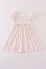 Pink bow embroidery smocked dress