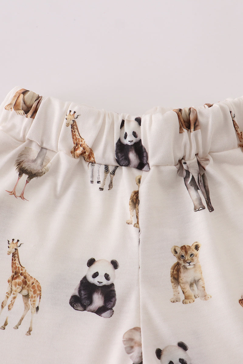 Grey zoo animal print ruffle shorts set