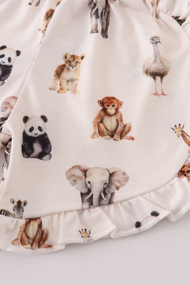 Grey zoo animal print ruffle shorts set