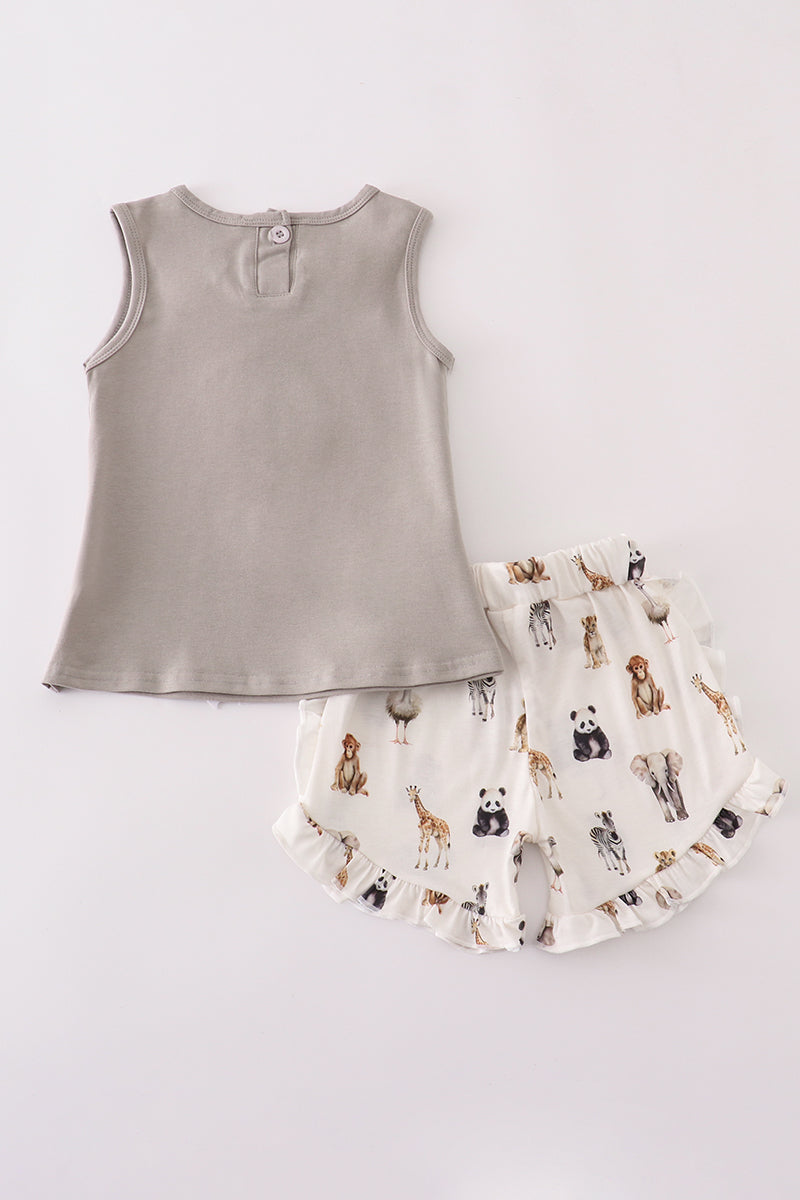 Grey zoo animal print ruffle shorts set