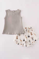 Grey zoo animal print ruffle shorts set
