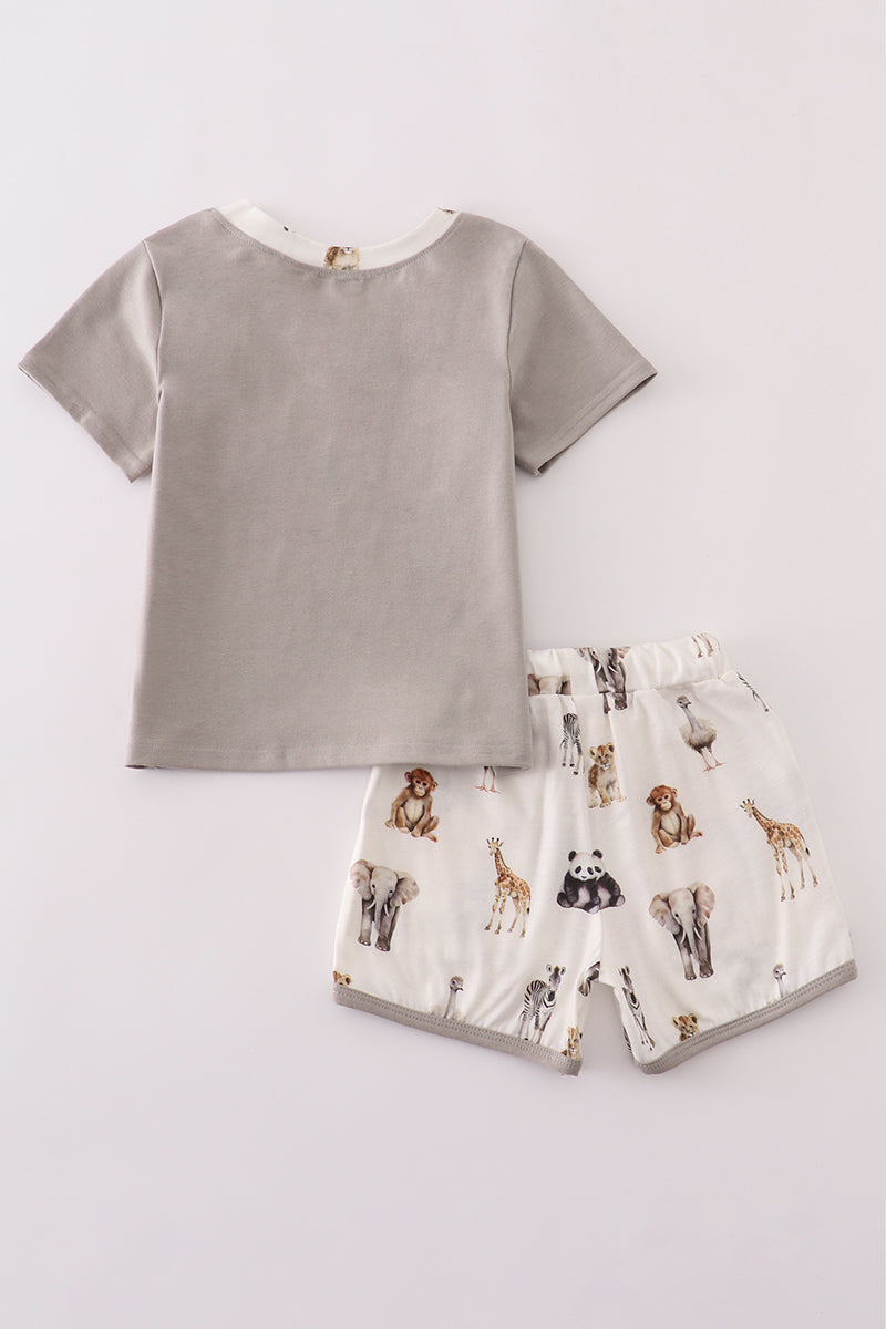 Grey zoo animal print shorts set