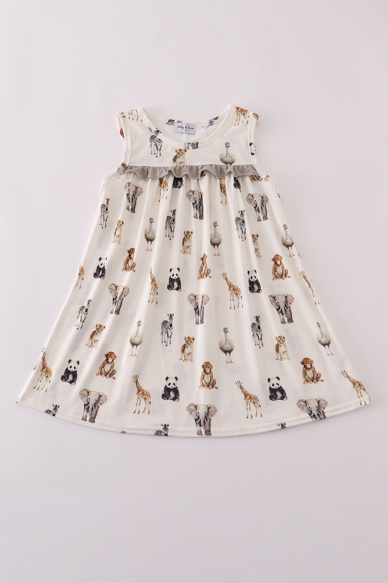 Grey zoo animal print ruffle dress