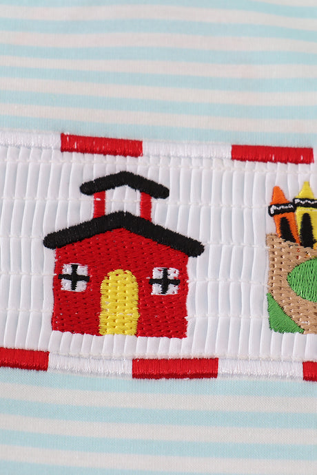 Apple pencil embroidery smocked stripe top