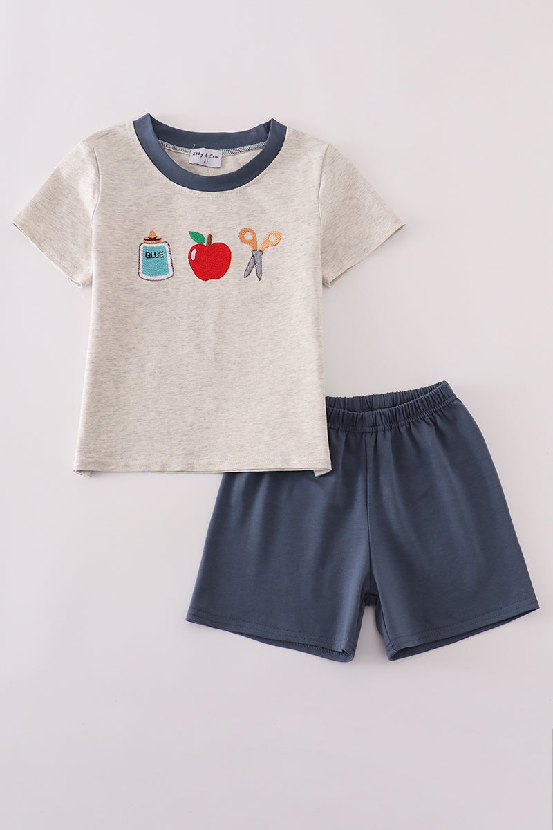 Gray apple embroidery shorts set