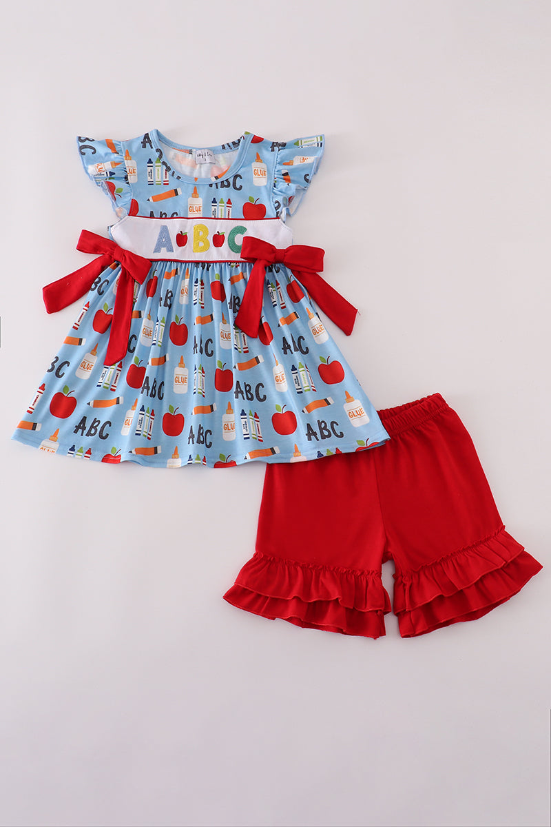 Red ABC apple embroidery ruffle shorts set