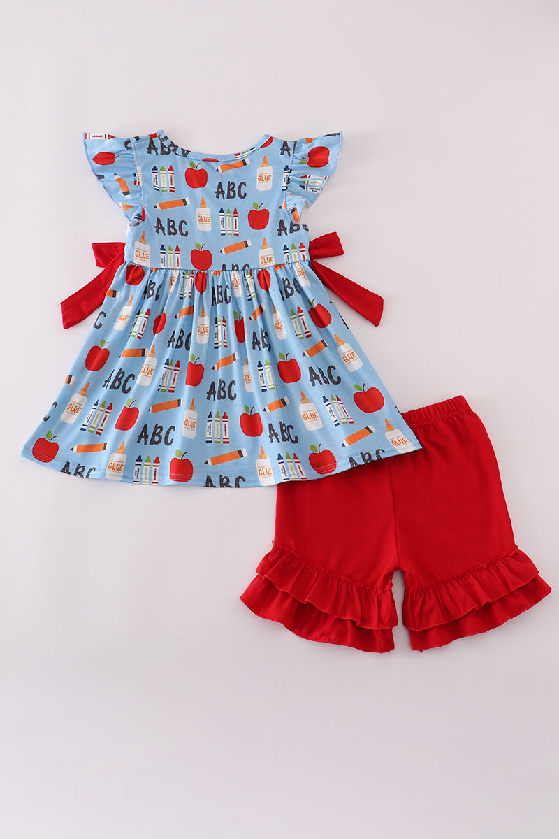 Red ABC apple embroidery ruffle shorts set