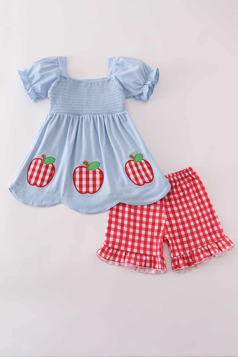 Blue apple applique smocked ruffle shorts set
