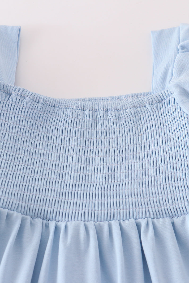 Blue apple applique smocked ruffle shorts set