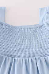Blue apple applique smocked ruffle shorts set