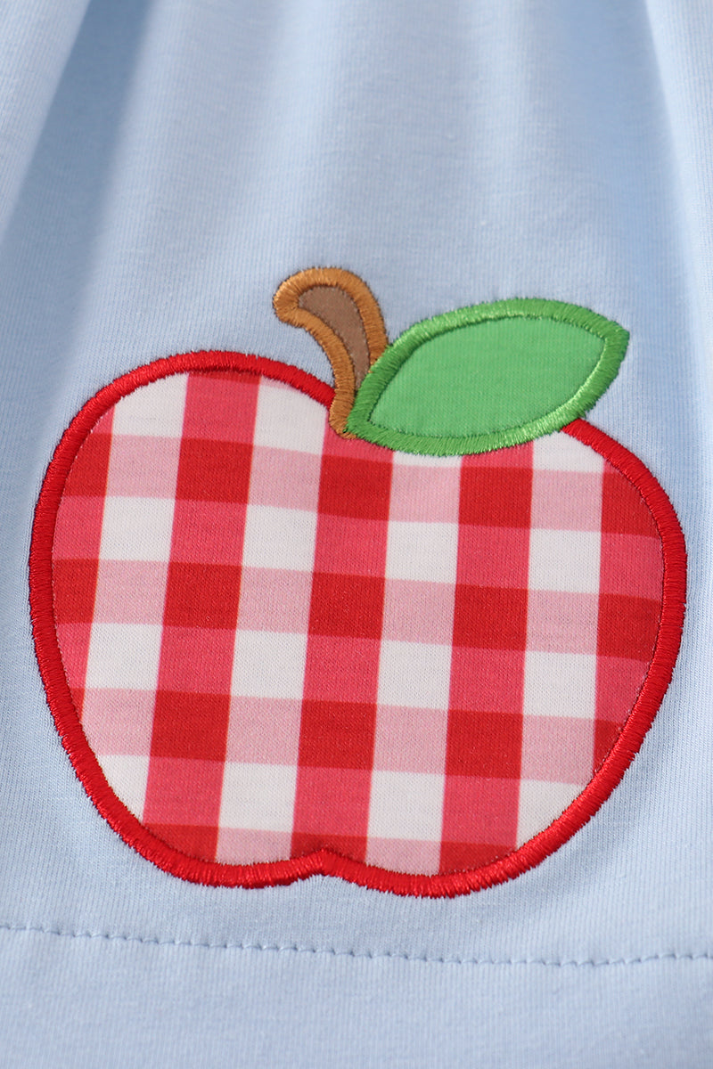Blue apple applique smocked ruffle shorts set